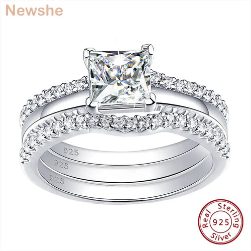 Newshe 925 Silver Rings for Women Luxury Jewelry Solitaire Princess Cut CZ Engagement Ring with Enhancer Wedding Bands
